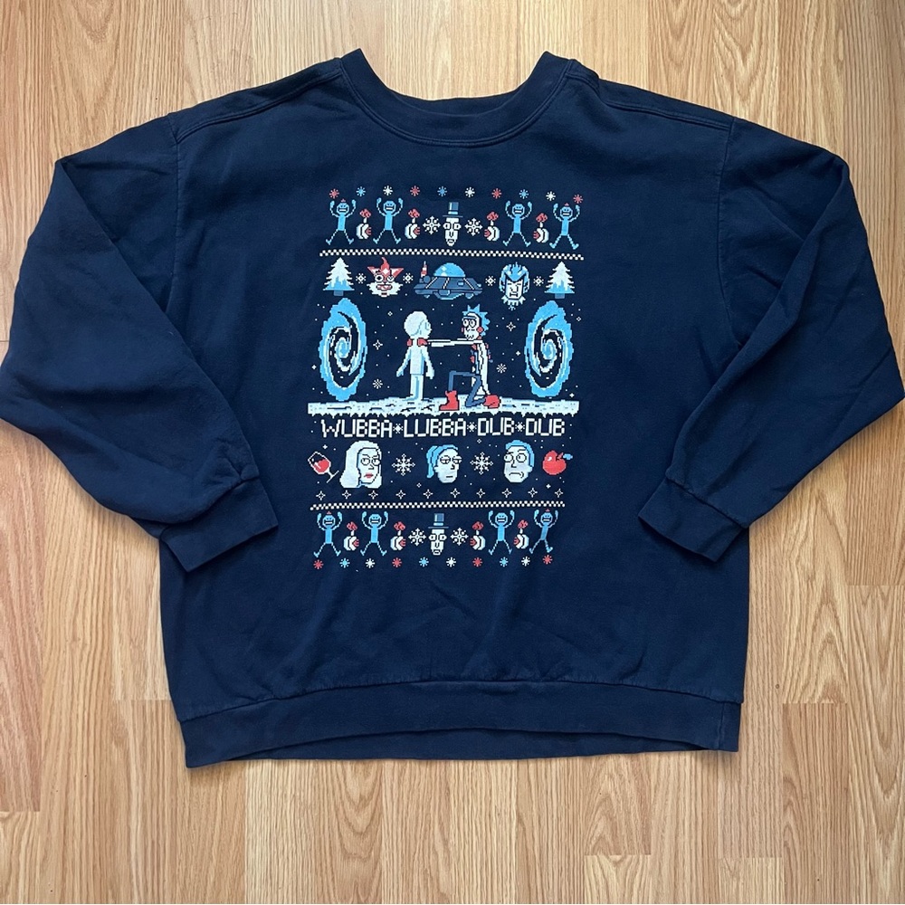 Rick And Morty Unisex Size Large XMAS Sweatshirt Navy Blue Wubba Dubba Dub Dub